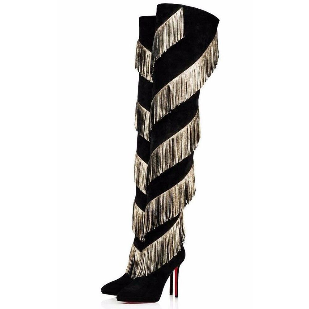 Christian Louboutin Bolcheva 120 Black Gold Fring Thigh High Knee Heel Boot 40.5